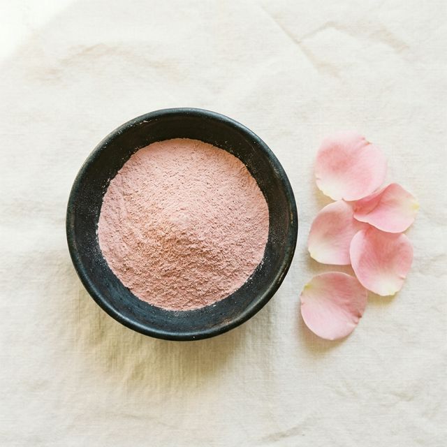Pink clay in a handcrafted bowl with roses